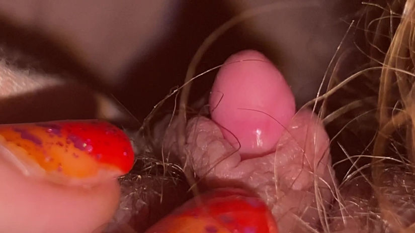 Extreme closeup on my huge clit and my hairy pussy